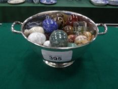 Silver plated 2 handled bowl, 7.75' diameter filled with polished stone eggs, marbles etc