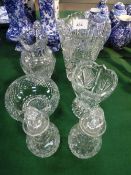 Large cut glass jug, 2 cut glass vases, cut glass bowl & 2 cut glass decanters