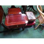 Mahogany table with frieze drawer, small mahogany shaped top table & 2 upholstered foot stools