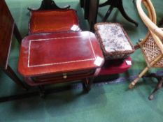 Mahogany table with frieze drawer, small mahogany shaped top table & 2 upholstered foot stools