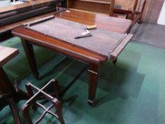 Mahogany wind-out dining table on square tapered inlaid legs on castors, 41' x 41' (closed) c/w