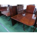 Mahogany D-end extendable dining table on heavy turned gun barrel supports to cabriole scrolled