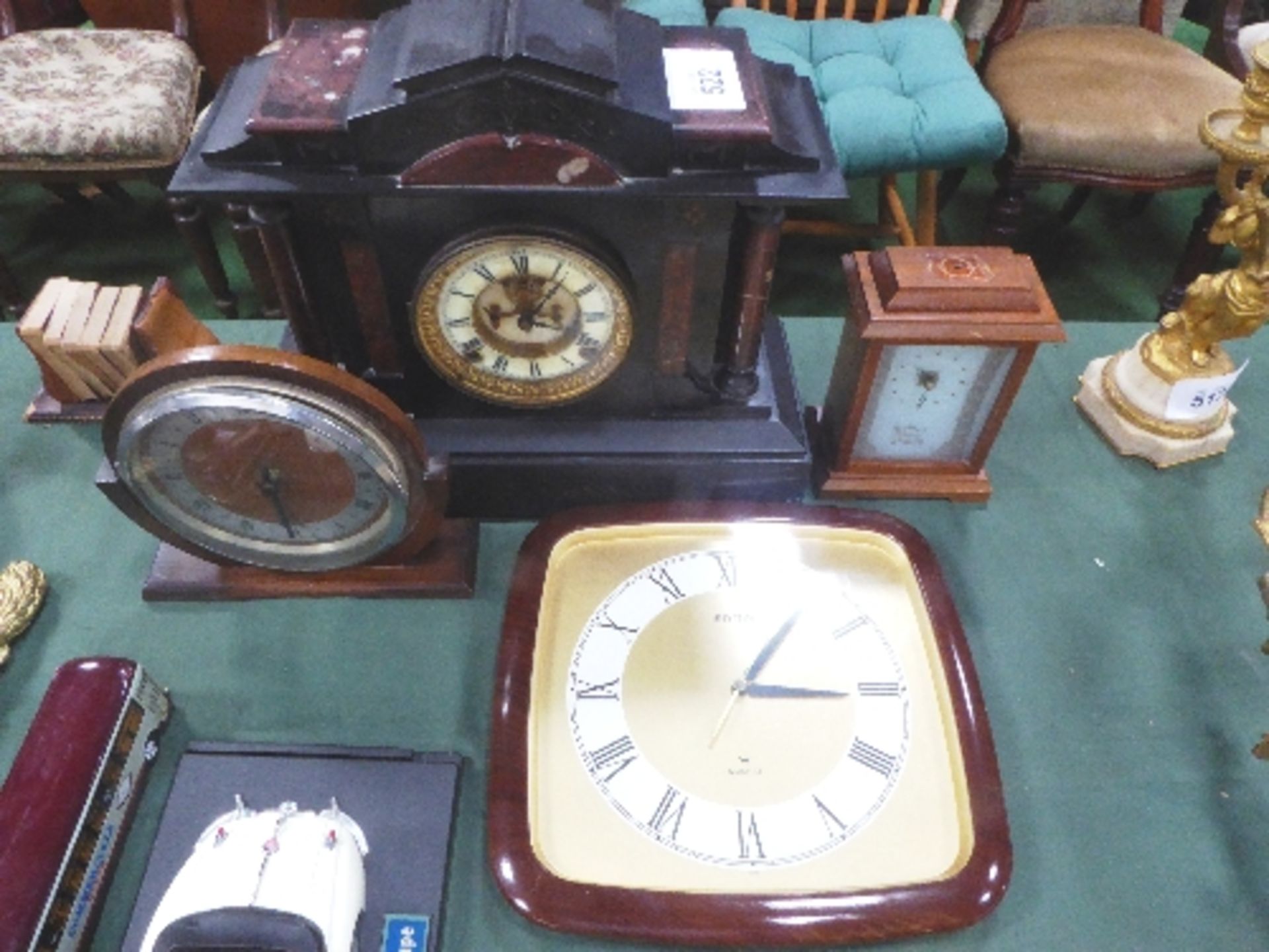 2 Quartz clocks & a slate & marble mantel clock with visible escapement by Ansonia Clock Co. New