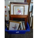 Box of various size picture frames & pictures