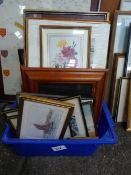 Box of various size picture frames & pictures