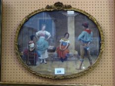 Oval ornate framed picture of 3 young ladies & gentlemen