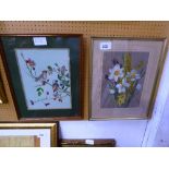 2 framed & glazed watercolours of daffodils & finches, signed A Horton