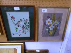 2 framed & glazed watercolours of daffodils & finches, signed A Horton