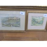 Unglazed watercolour of a country house & a framed & glazed castle & village scene, both by Sidney
