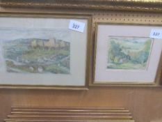 Unglazed watercolour of a country house & a framed & glazed castle & village scene, both by Sidney