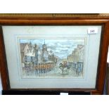 Framed & glazed ink & watercolour of soldiers parading, signed by the artist