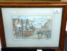 Framed & glazed ink & watercolour of soldiers parading, signed by the artist