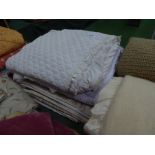 Silk bedspread, 2 padded white bedspreads, a candlewick & a floral bedspread