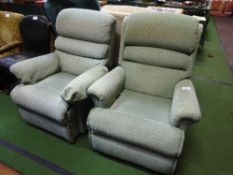 Pair of pale green upholstered recliner armchairs