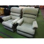 Pair of pale green upholstered recliner armchairs