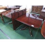 Mahogany D-end extending dining table with twin pedestal bases to claw castors, extending 98' x 40'