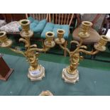2 brass & marble 3 branch candleholders of Putto supporting branches, height 14'