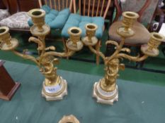 2 brass & marble 3 branch candleholders of Putto supporting branches, height 14'