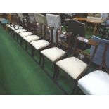 6 standard & 2 carver reeded and brass inlay mahogany dining chairs with drop-in seats, (carvers