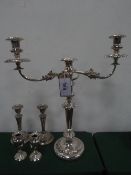 Silver plated 2 branch candelabra. Height approx. 47cms, a pair of silver plated candlestick, height