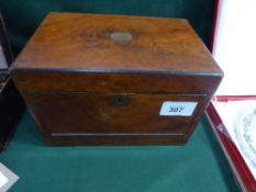 Walnut travelling box with buttoned silk interior to lid with mirror, removable tray & fold-down