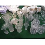 Large qty of cut glass: decanters, bowls, vases plus 3 glass stoppers (23 pieces)