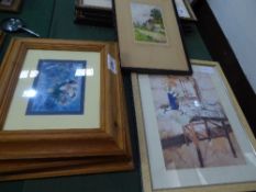 4 various flower related prints, a framed & glazed print of an interior scene & framed print of 'New