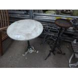 Cast iron pedestal table, a metal stand, 2 metal bench ends a/f, metal & wood slatted bench & 4