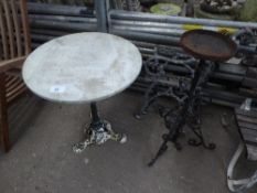 Cast iron pedestal table, a metal stand, 2 metal bench ends a/f, metal & wood slatted bench & 4