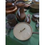 2 copper jugs, copper funnel, copper skillet, copper saucepan with lid & a copper pan