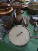 2 copper jugs, copper funnel, copper skillet, copper saucepan with lid & a copper pan