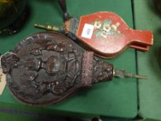 2 hand bellows, 1 carved in the decorated masks of Satyrs & a lamp