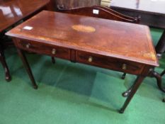 Inlaid mahogany writing desk on block tapered legs with 2 frieze drawers