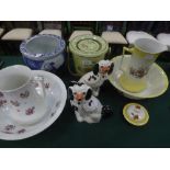 2 jug & bowl sets, pair of Staffordshire dogs, large blue & white jardiniere & a ceramic slop pale