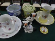 2 jug & bowl sets, pair of Staffordshire dogs, large blue & white jardiniere & a ceramic slop pale