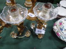 2 brass & glass candlesticks, glass base with brass Putto supporting glass candleholder, height 9.