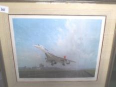Framed & glazed print of Concorde, signed G Coulson & Brian Trubshawa (some foxing) & framed &
