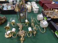 Pair of brass & glass wall lights, pair of brass wall lights, single brass wall light & a brass