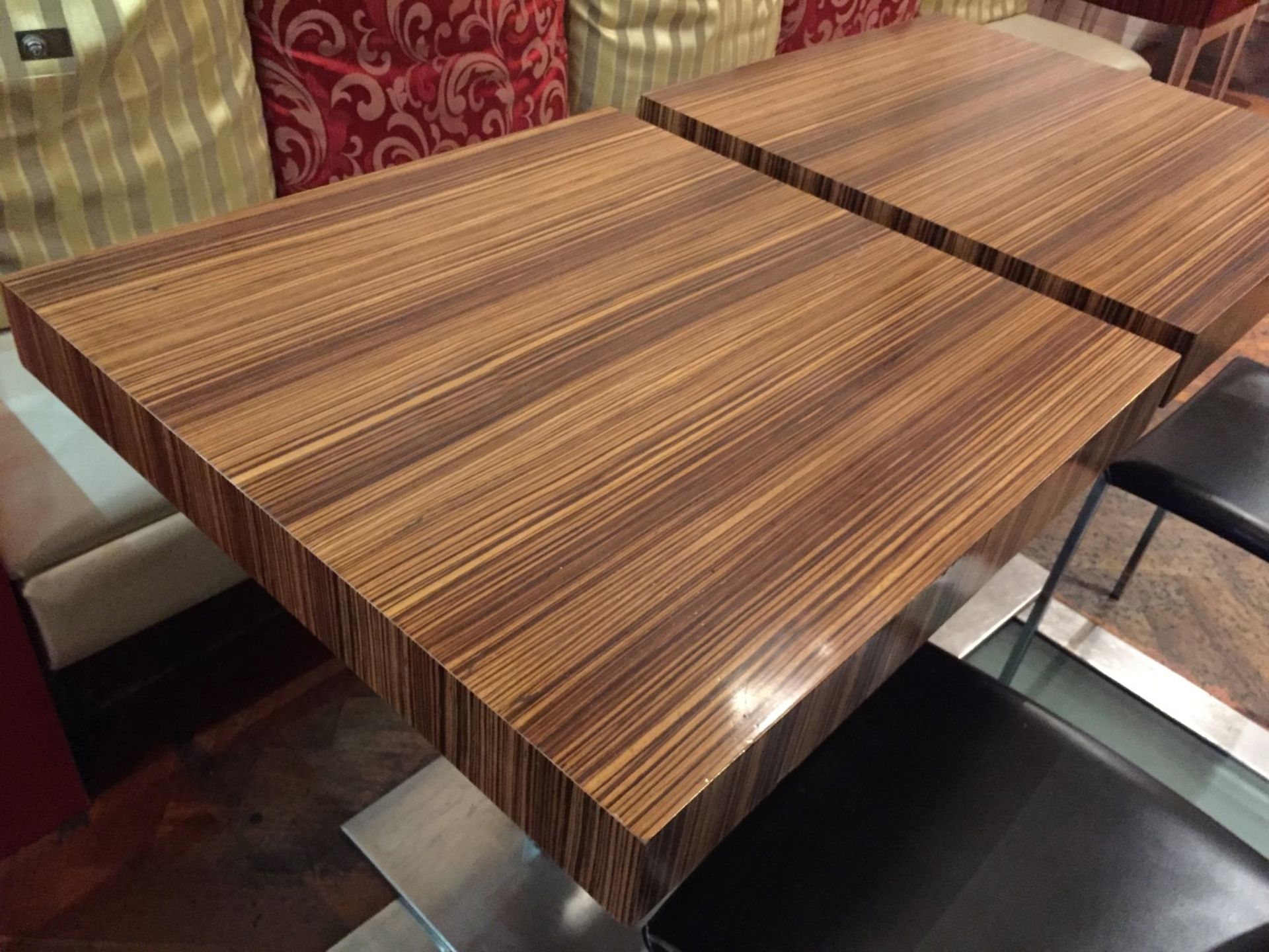 2 x Modern Zebrawood Bistro Tables - Substantial Chrome Base With Zebrawood Tops - H76 x W70 x D70cm - Image 3 of 7
