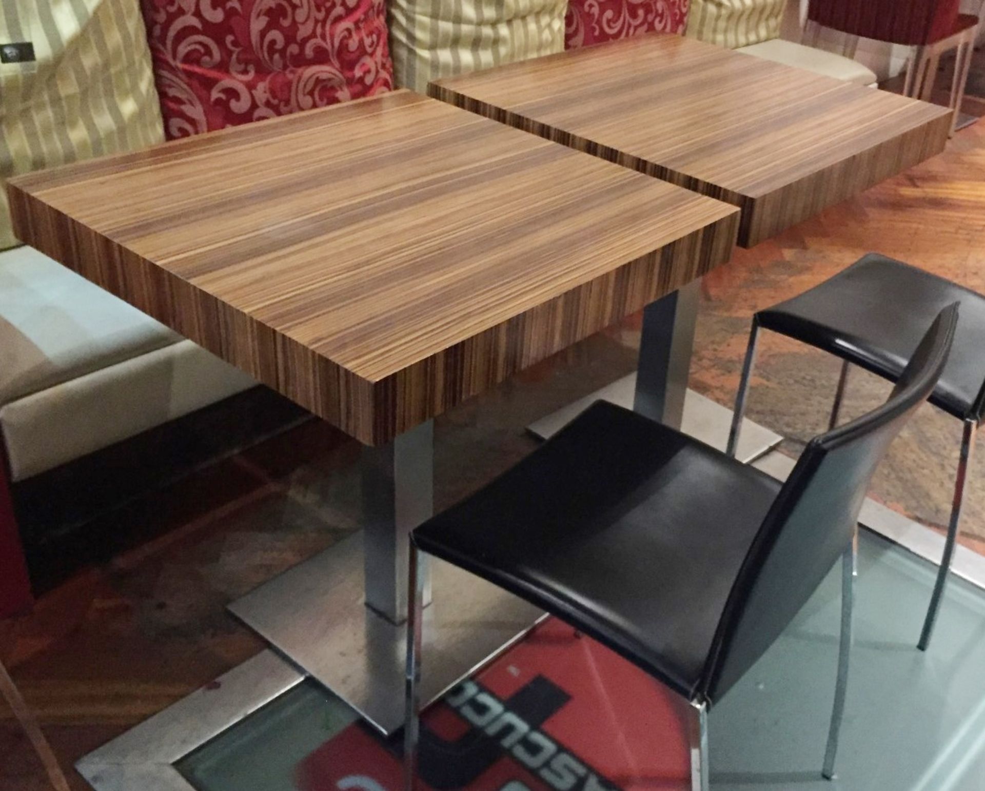 2 x Modern Zebrawood Bistro Tables - Substantial Chrome Base With Zebrawood Tops - H76 x W70 x D70cm