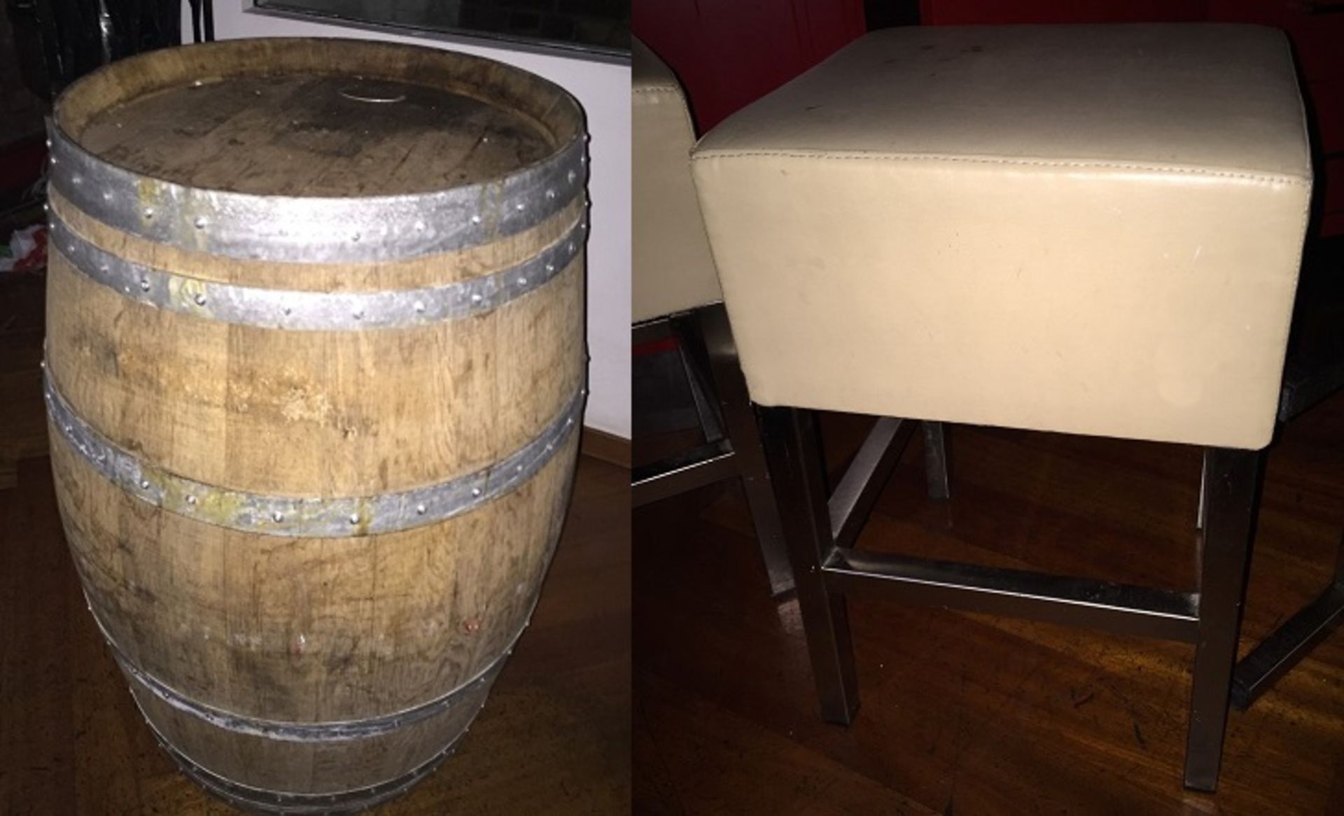 2 x Pub Barrel Table With Three Designer Pedrali Cream Leather / Chrome Bar Stools - CL188 - Ref B36