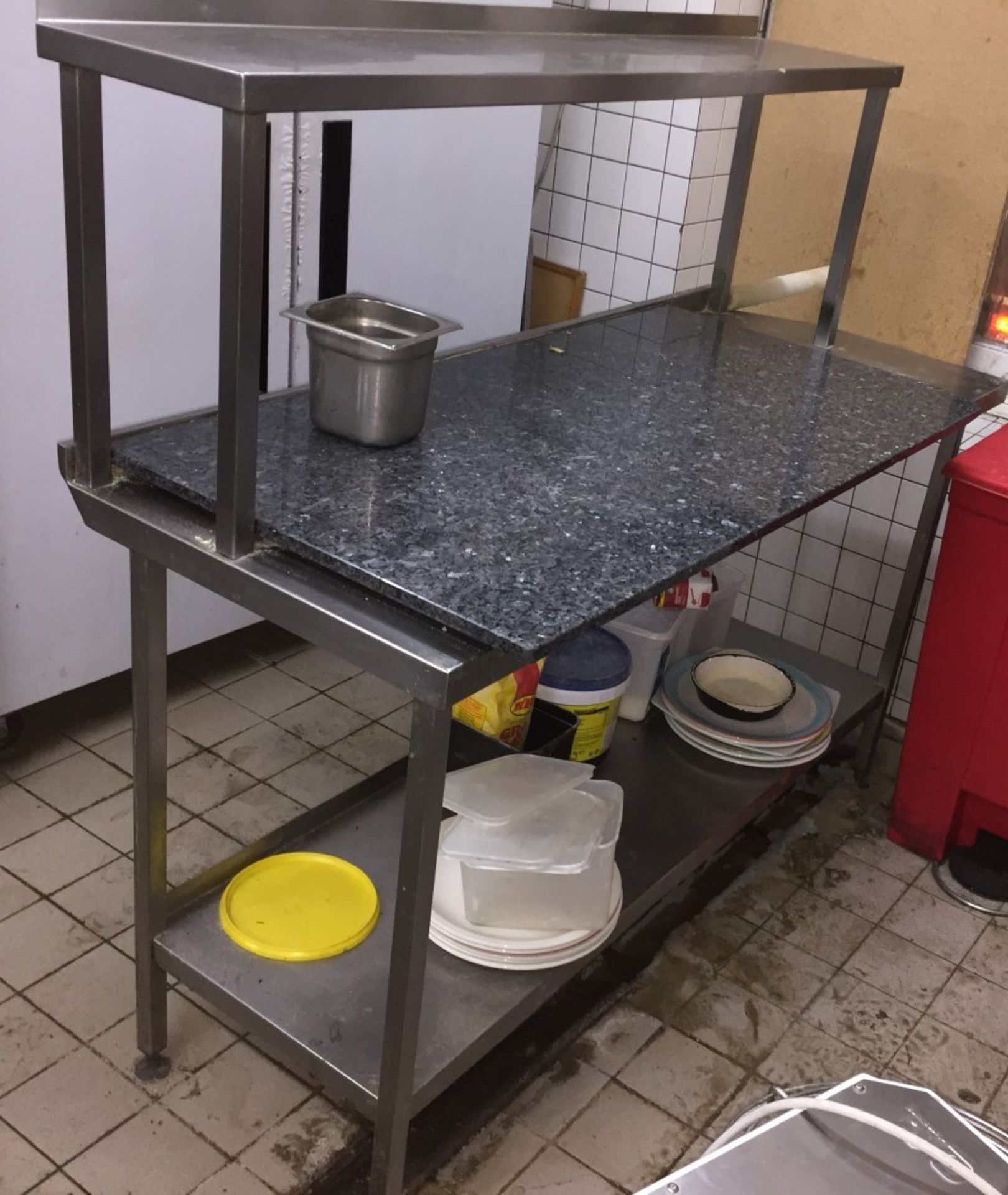 1 x Stainless Steel Commercial Prep Bench With Overhead Shelf and Large Granite Chopping Board -