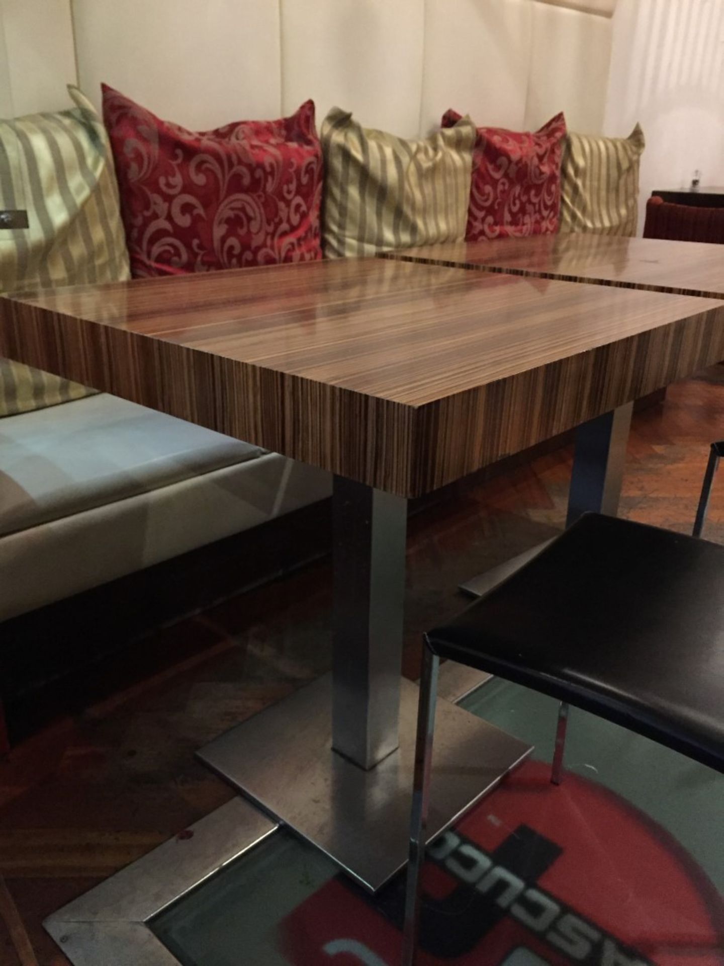 2 x Modern Zebrawood Bistro Tables - Substantial Chrome Base With Zebrawood Tops - H76 x W70 x D70cm - Image 4 of 7