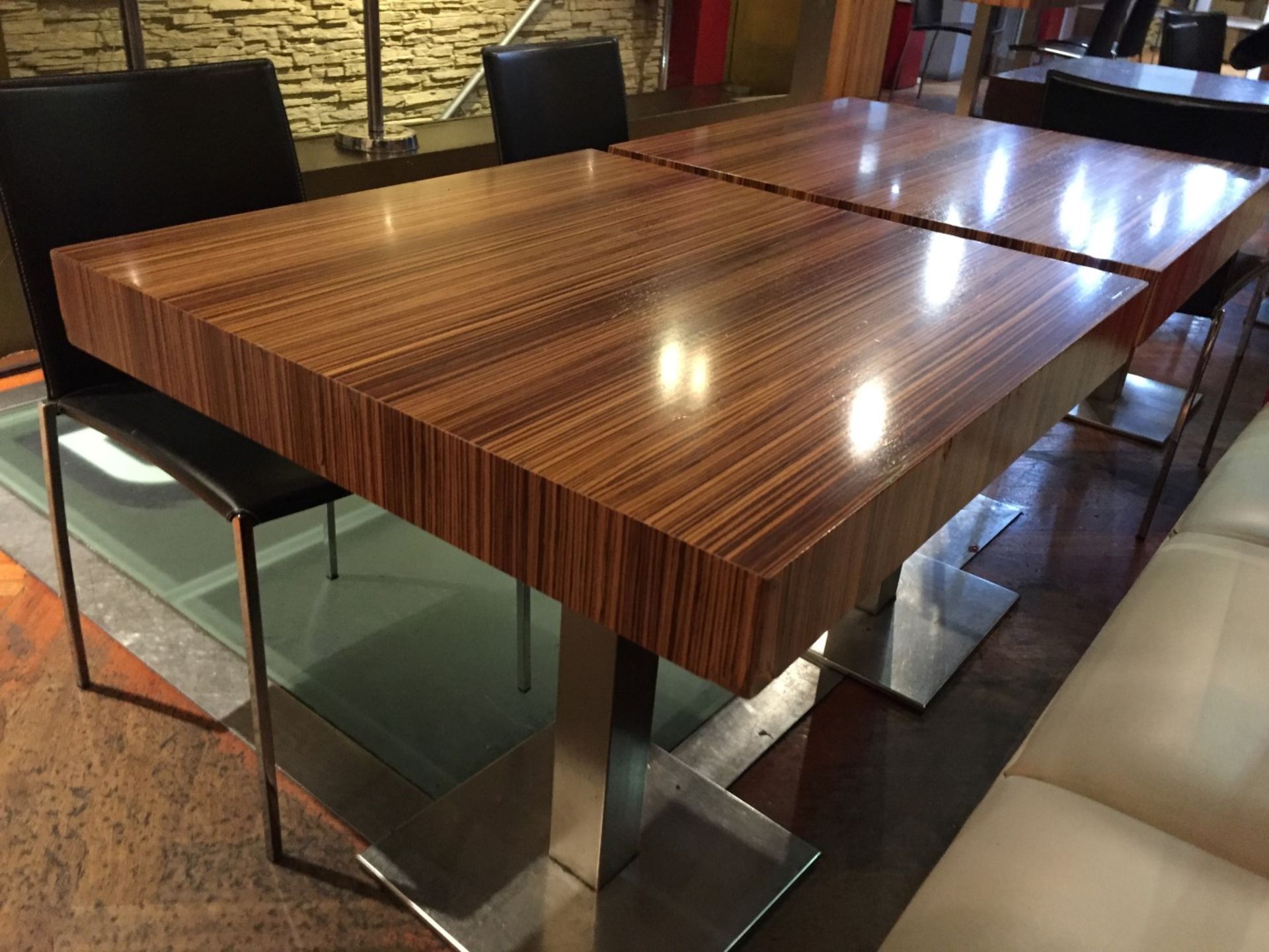2 x Modern Zebrawood Bistro Tables - Substantial Chrome Base With Zebrawood Tops - H76 x W70 x D70cm - Image 6 of 7