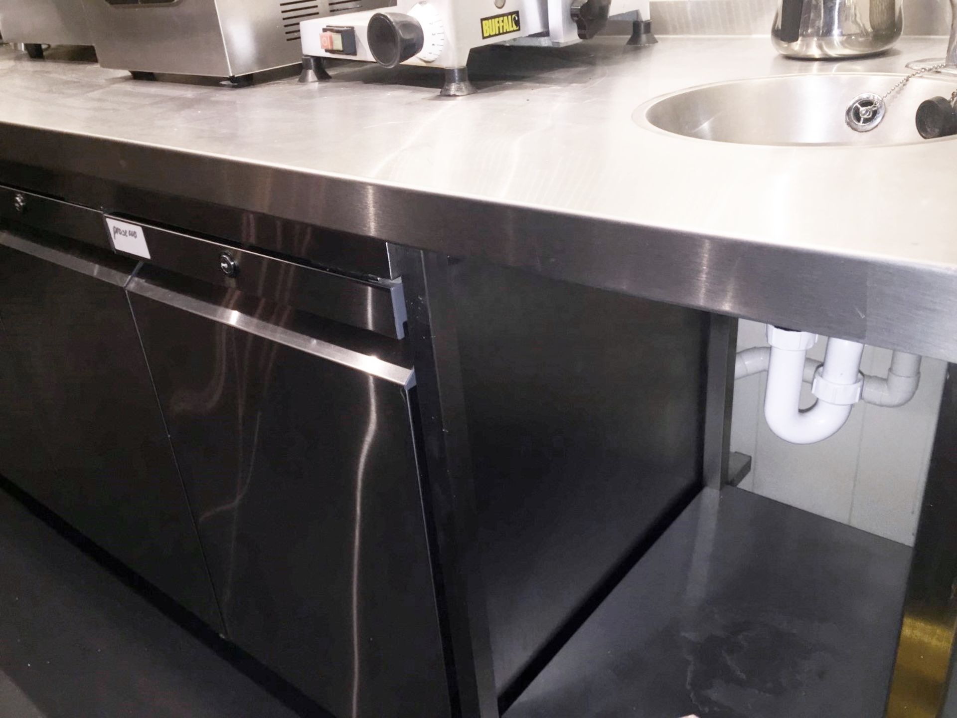 1 x Stainless Steel 2.4 Metre Long Commercial Work Station Prep Counter With Wash Basin - Originally - Image 6 of 7