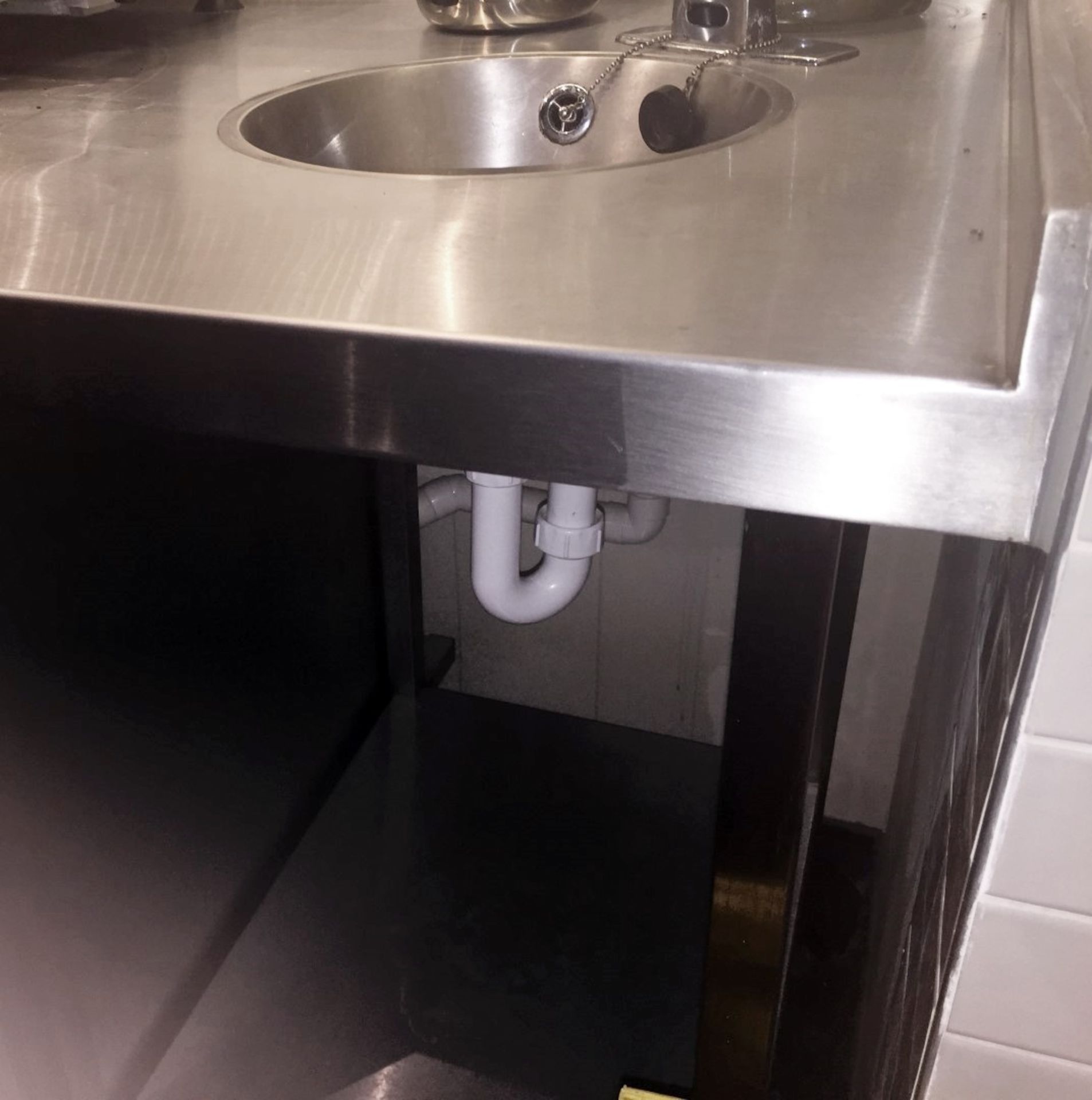 1 x Stainless Steel 2.4 Metre Long Commercial Work Station Prep Counter With Wash Basin - Originally - Image 5 of 7