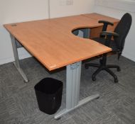 1 x Beech Office Desk, Pedestal and Swivel Chair Set - Contemporary Beech Finish With Grey Coated