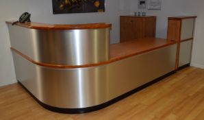 1 x Contemporary Reception Counter Desk With Brushed Stainless Steel Effect Finish, Beech Wooden