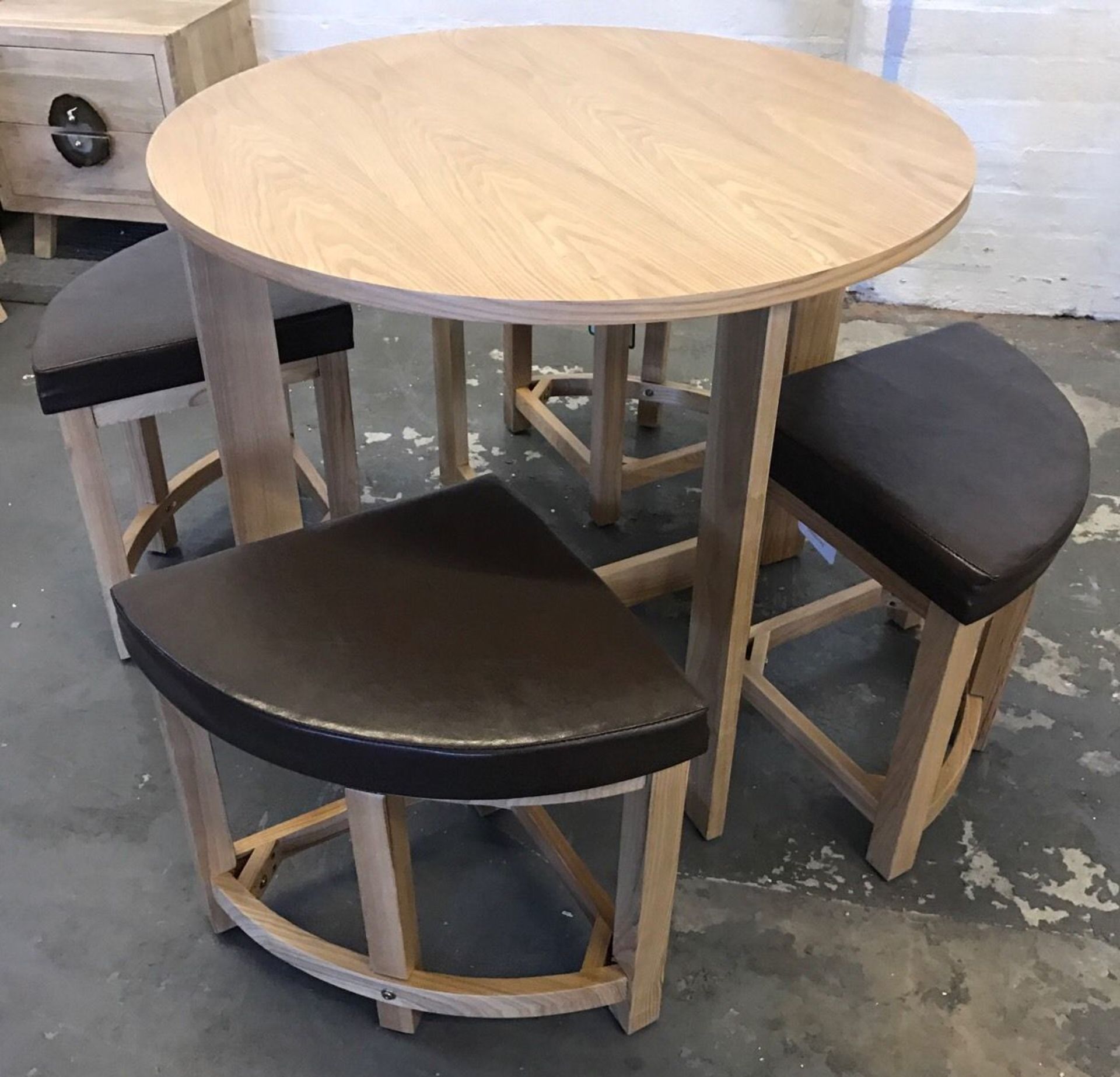 Oak Ash Veneer Stowaway Dining Table with 4 Brown Faux Leather Padded Stools - CL185 - Ref:OakSW - L - Image 4 of 9