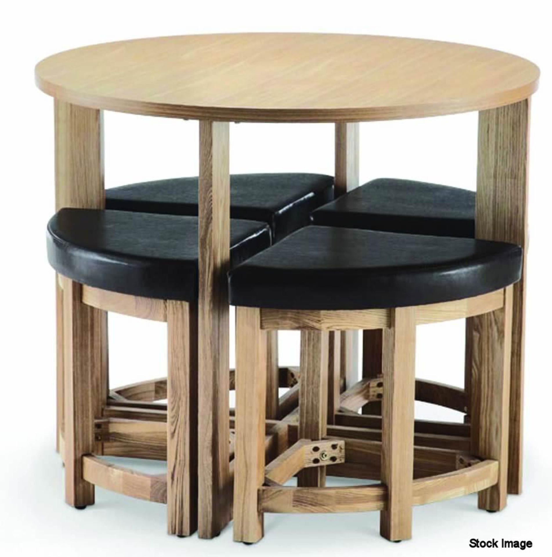 Oak Ash Veneer Stowaway Dining Table with 4 Brown Faux Leather Padded Stools - CL185 - Ref:OakSW - L - Image 2 of 9